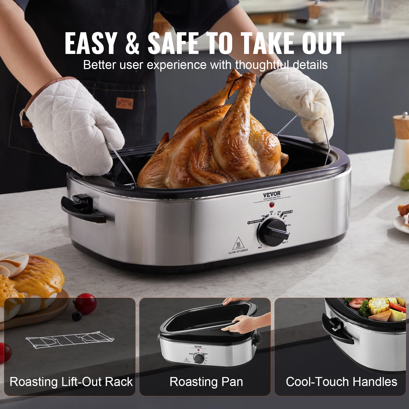 VEVOR Electric Roaster Oven 18QT Turkey Roaster Oven with Self-Basting Lid 1450W with Defrost & Warm Function 22LBS