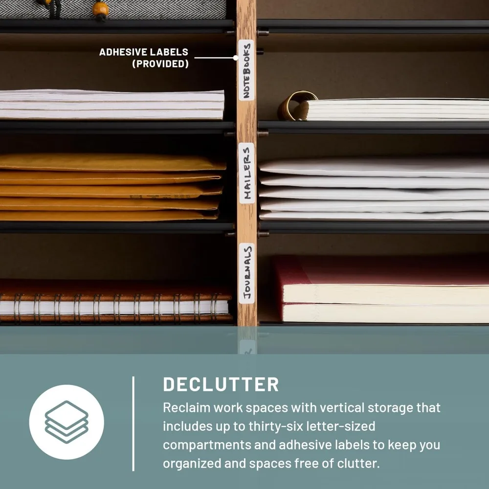 Wooden Paper and Mail Organizer for Home Office and Classroom, Adjustable Shelves Stackable, 36 Compartments, Medium Oak