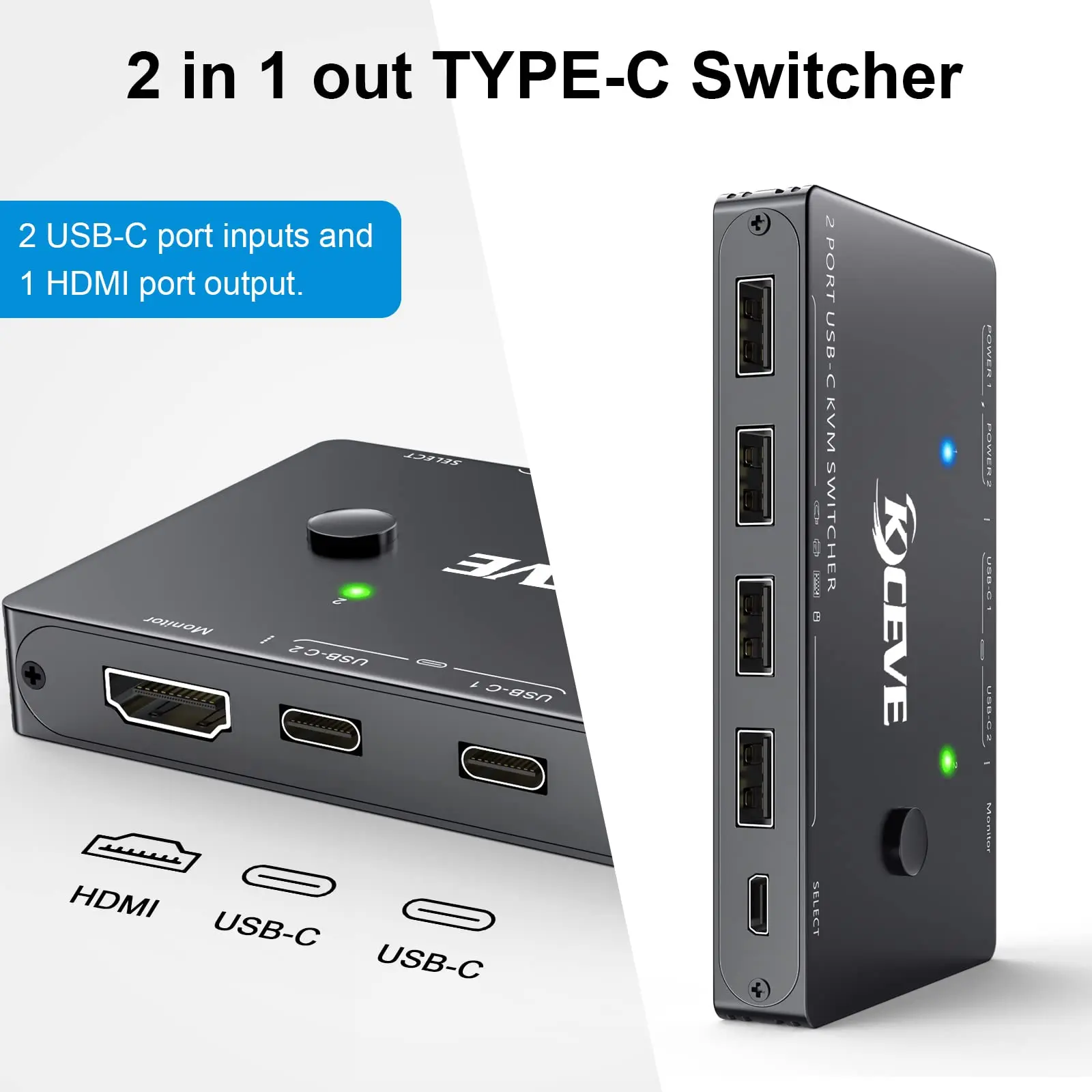 USB-C KVM Switch, 2 Ports KVM Type-C Switcher Box Support 4K@60Hz for 2 Computers Share Keyboard Mouse and Monitor