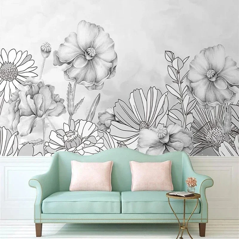 

Custom Photo Wallpaper Sketch Poppy Pastoral Flowers Backdrop Wall Mural Living Room Bedroom TV Sofa Home Decor Papel De Parede