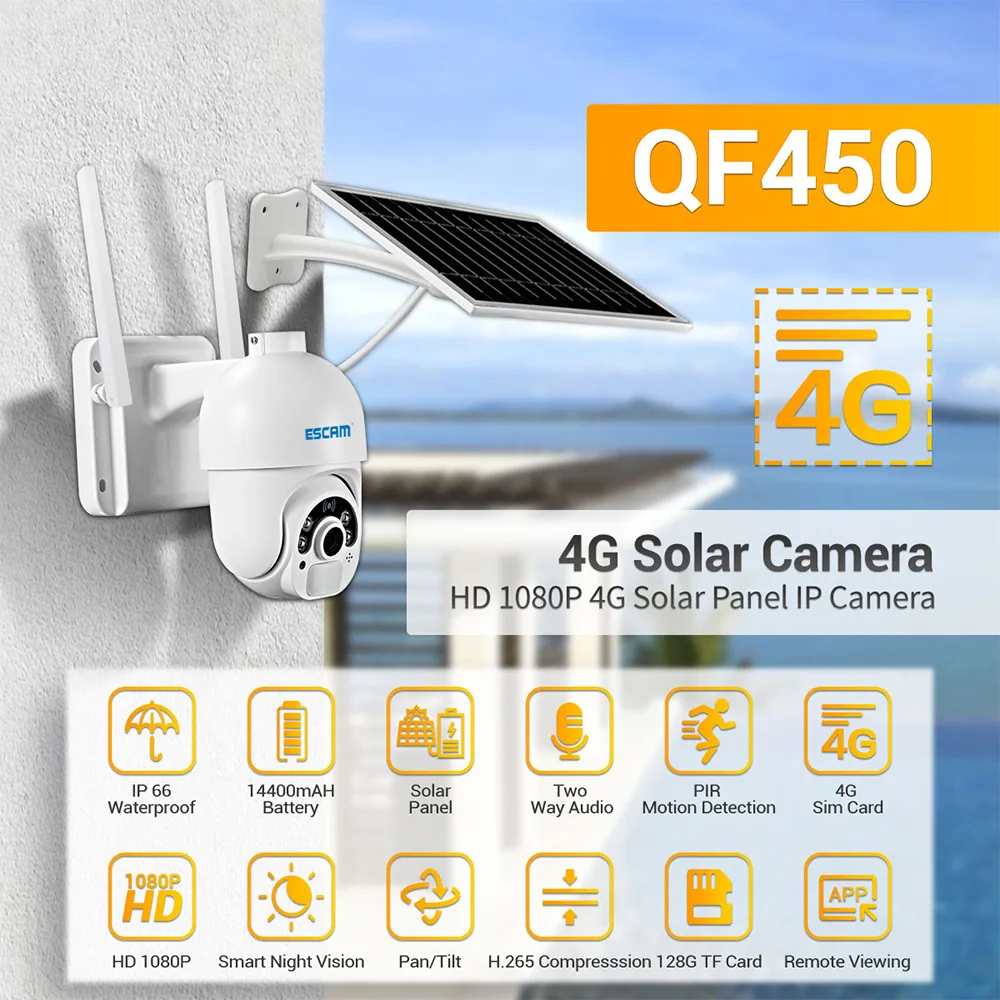 

ESCAM QF450 1080P Cloud Storage 4G Sim card Battery PIR Alarm dome IP Camera With Solar Panel Full Color Night Vision Two Way
