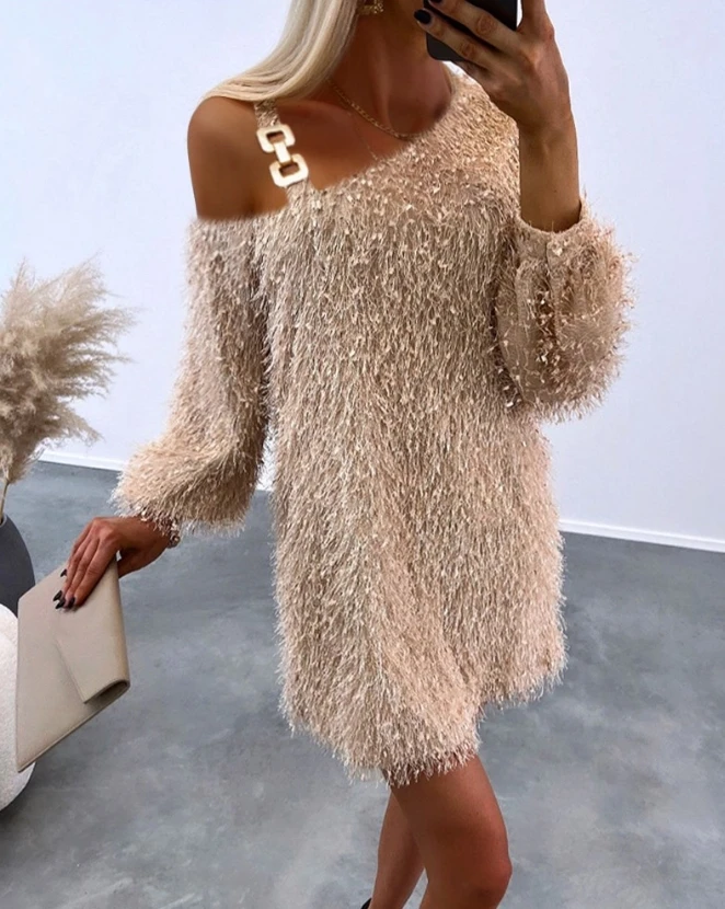 

2023 Autumn Winter Spring New Fashion Casual Elegant Evening Party Dresses for Women Sexy Fluffy Cold Shoulder Casual Dress
