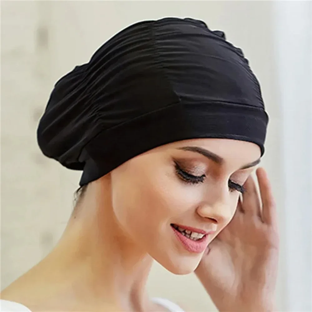 

New Solid Color Long Hair Women Men Swim Pool Seaside Water Sports Elastic Pleated Nylon Fabric Bathing Swimming Caps Hat Turban