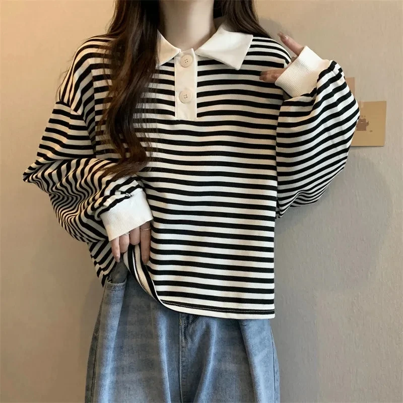 

Neck Design Striped T-shirt Female Early Spring Autumn Winter Women Models Fat Loose Slim Lazy Long Sleeve Tops