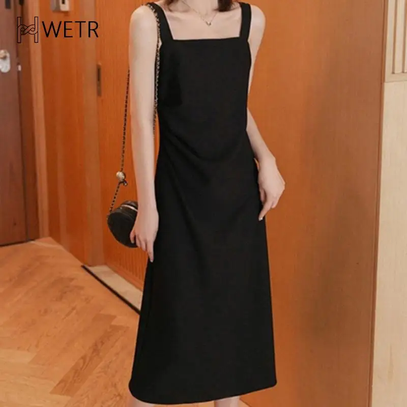 

Black Dress Suspender Summer Daily Outfit Office Simple Elegant Midi Dresses