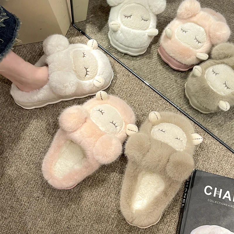 

Slippers Casual Flock Med Room Shoes Slides Fur Flip Flops Platform Winter Footwear Luxury Massage Rubber Plush Flat House Slipp