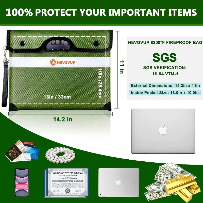 Upgraded Fireproof Document Bag with Lock 6200F