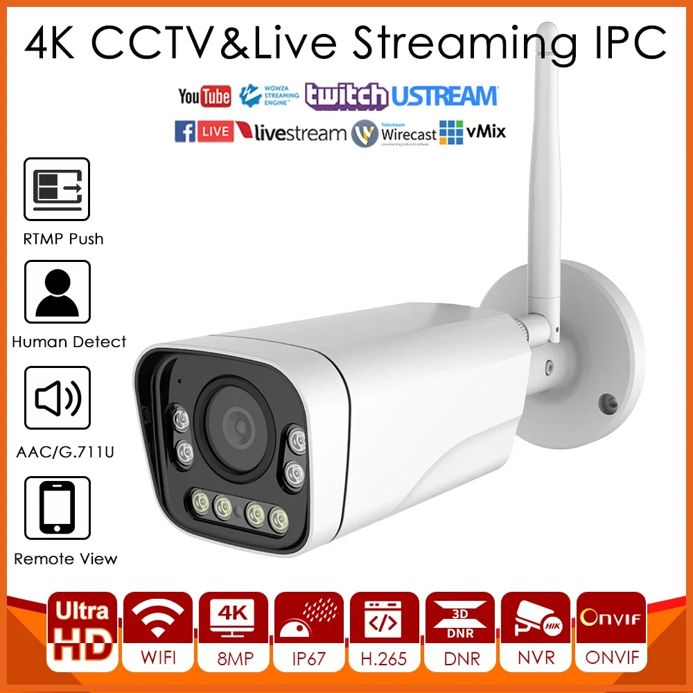 Wireless WiFi IP Camera 4K 8MP IMX415 Full Colors Vision Live Streaming Push Video to YouTube Facebook Twitter via RTMP Onvif