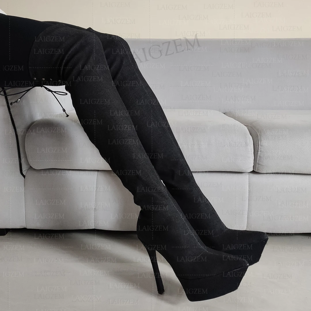 

SEIIHEM Women Thigh High Boots Denim Pointed Toe Platform Thin Stiletto Heels Boots Cosplay Chains Shoes Woman Big Size 38 41 43