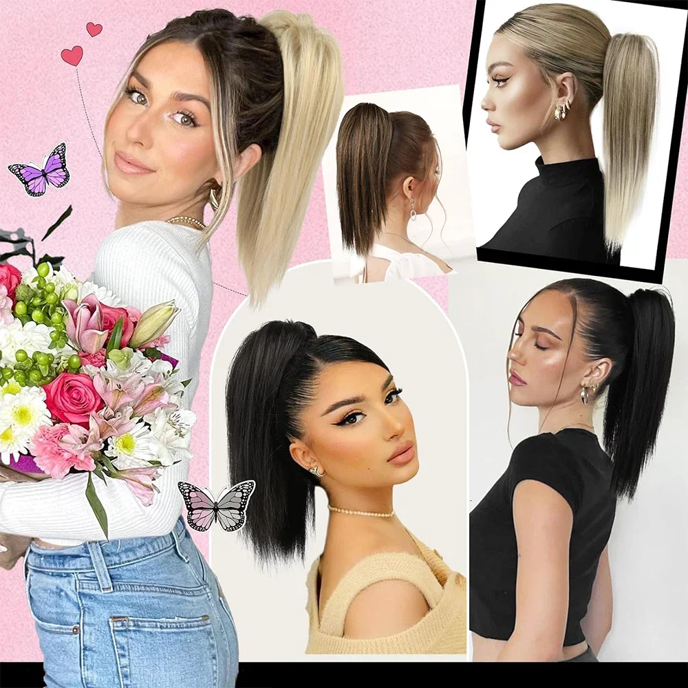 Synthetic Claw Clip Ponytail Hair Extensions 16Inch Waterfall Straight Blonde Brown Heat Resistant Pony Tail Fake Hair