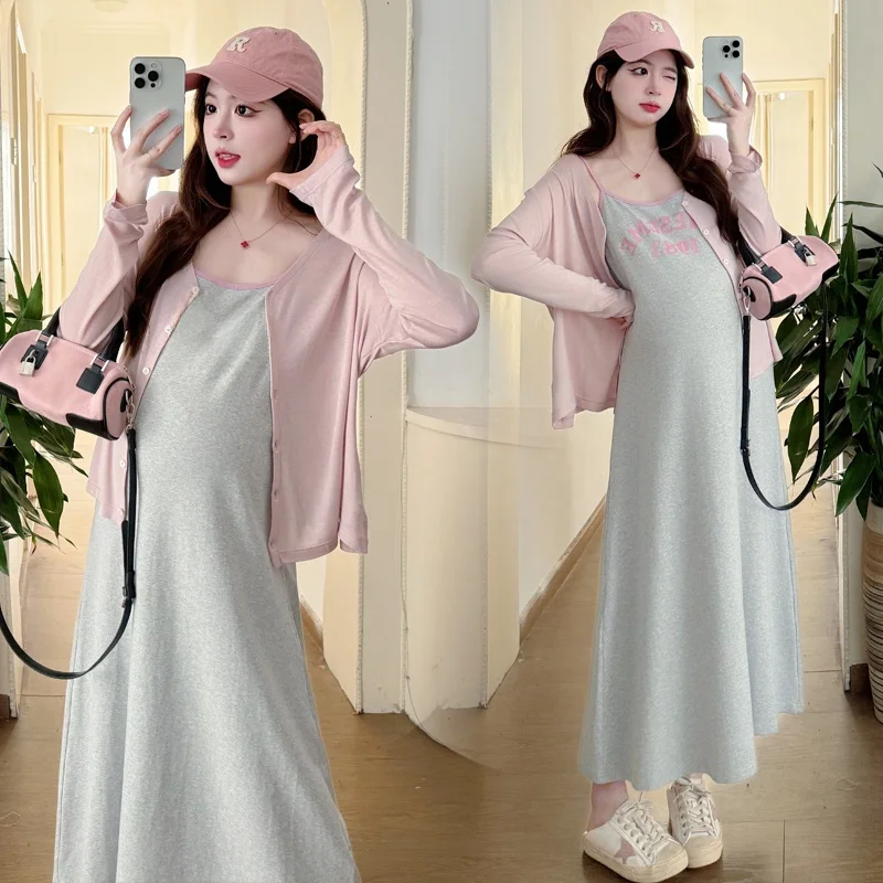 달콤한 임산부 여름 의상 2026 신상 드레스 세트 임산부 오픈 가디건 탑 스트랩 드레스 투피스 세트 편안한 임부복