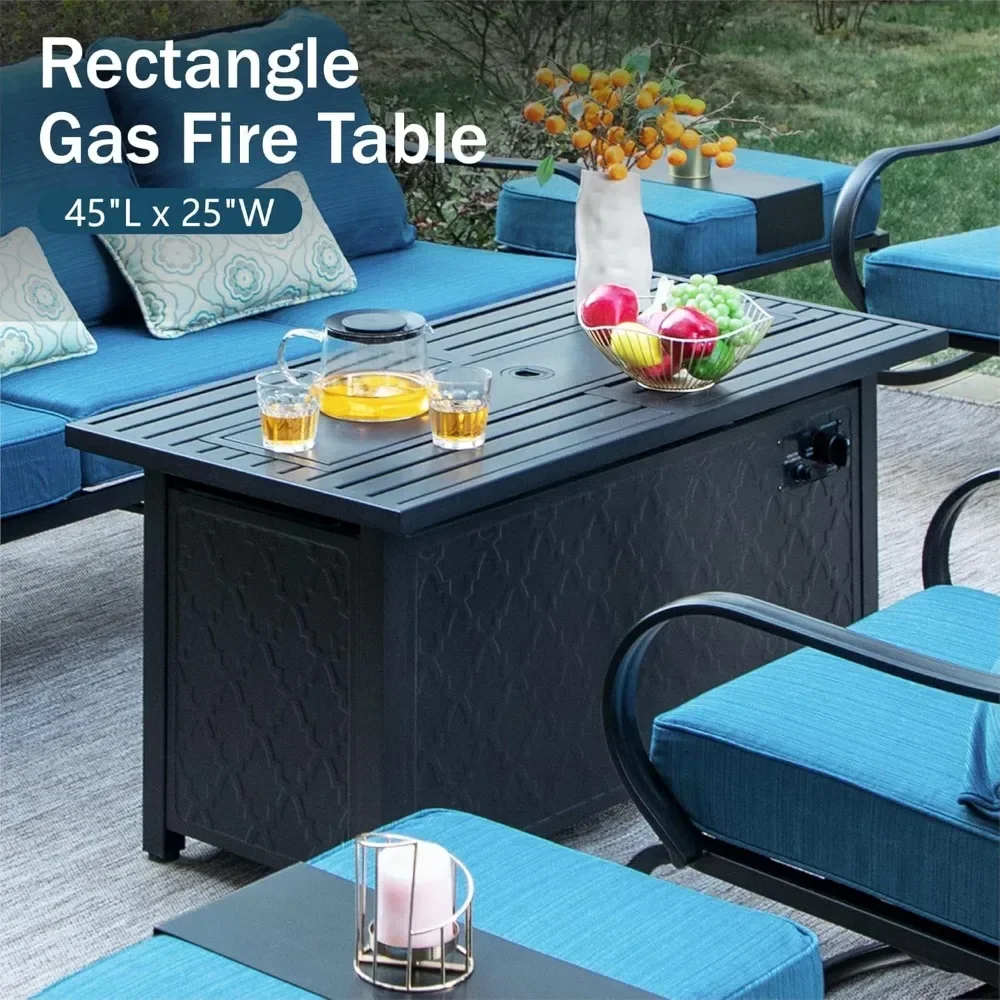 8 PCS Patio Furniture Set，Fire Pit Table,Metal Outdoor，1 x 3-Seat Bench Sofa,2 x Swivel Sofa Chairs,2 x Leg Chair & 2 x Ottoman 4