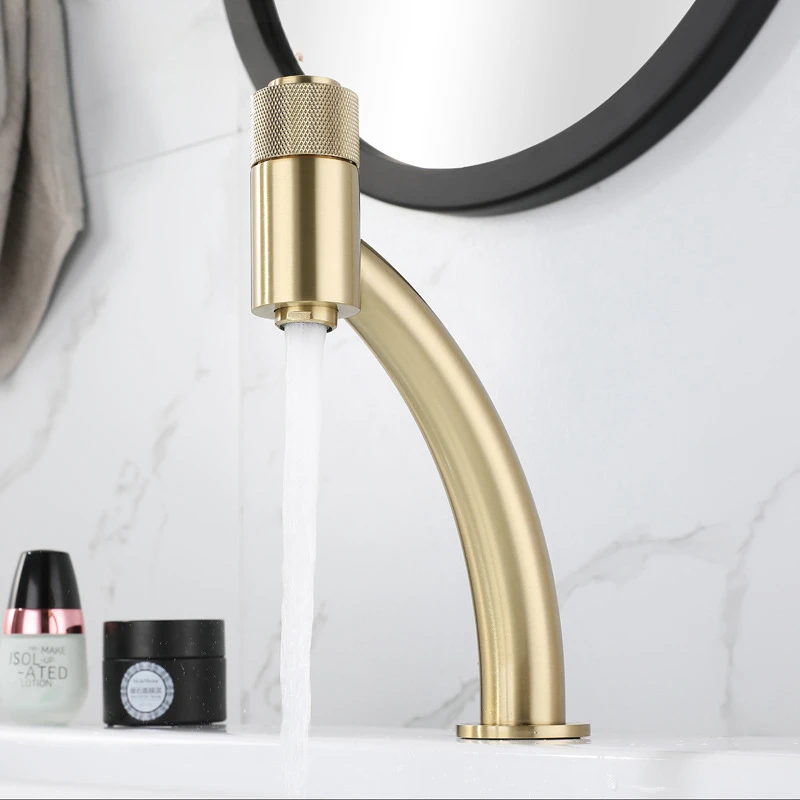 

Brushed Golden Bathroom Basin Faucet Press Rotatable Switch Deck Mountede Nordic Hot And Cold Water Mixer Tap Crane