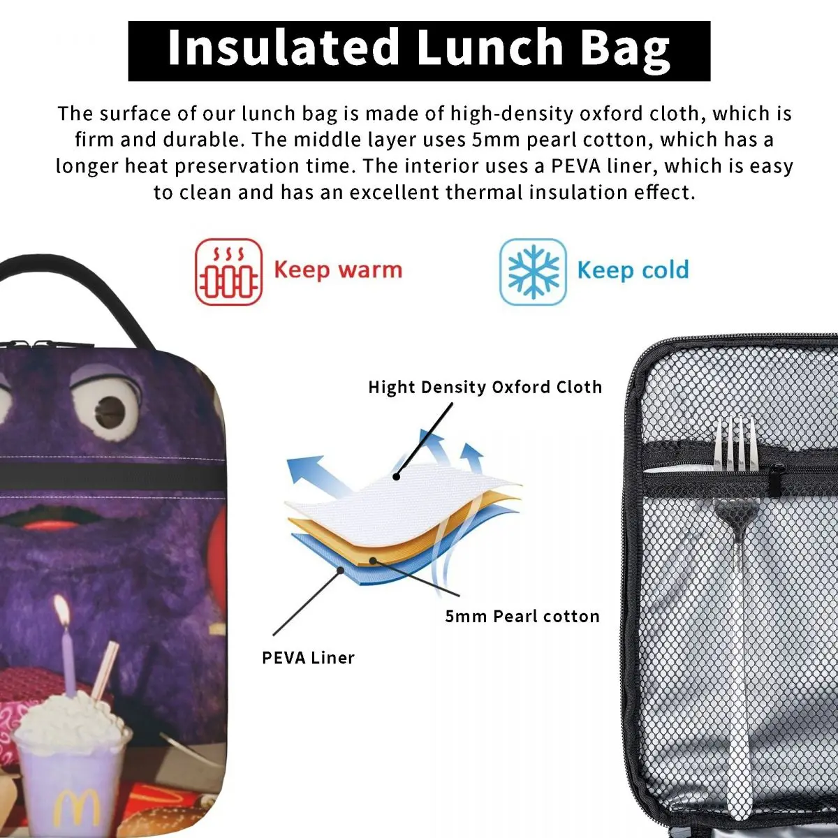 Creepiest Grimace Birthday Insulated Lunch Bags High Capacity Reusable Cooler Bag Tote Lunch Box College Outdoor Food Bag