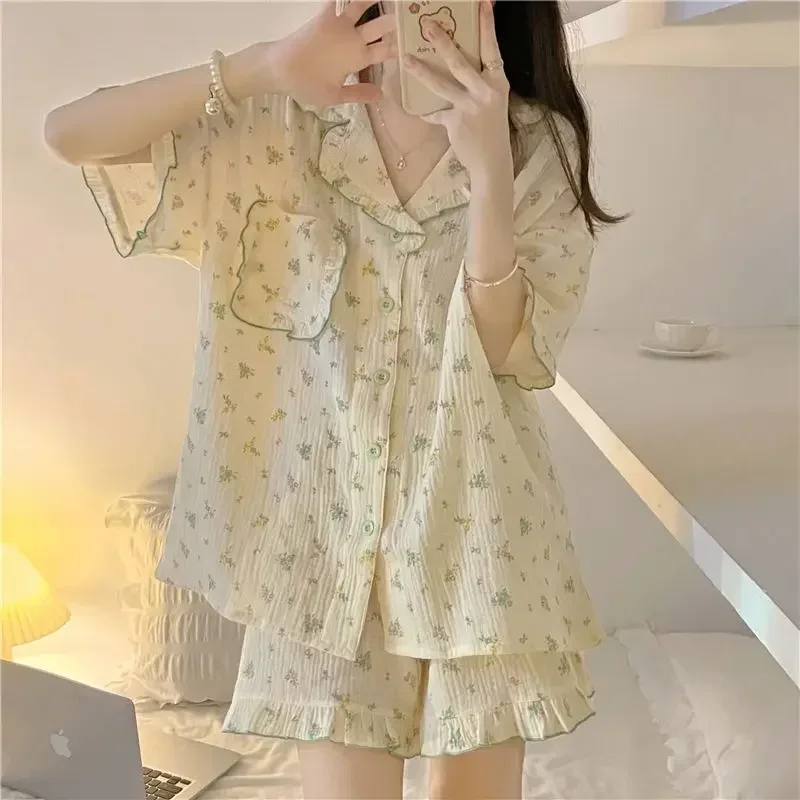 

2024 new Flower Print Sleepwear Women Pajama Sets Korean Style Summer 2 Pieces Night Wears for Sleeping Student Cute Home Suit