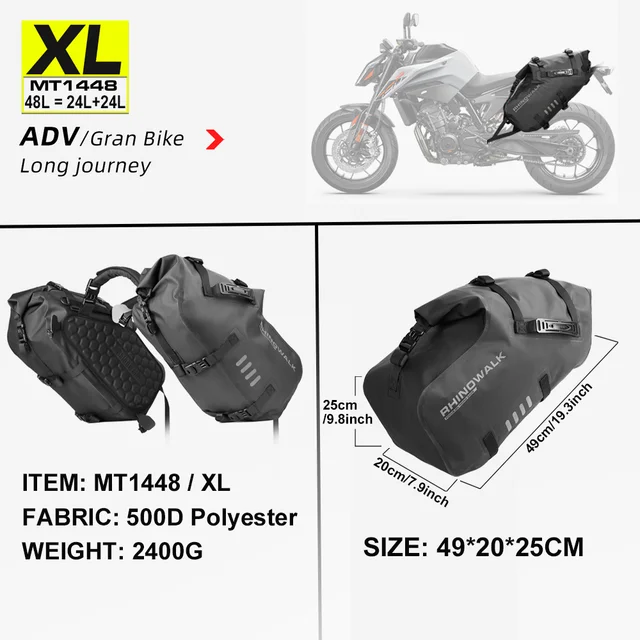 Rhinowalk Motorcycle Back Seat Bag 28L/48L Double Side Saddlebag