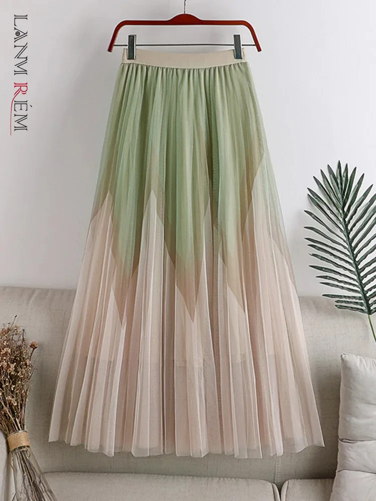 

LANMREM Contrast Color Gauze Skirt Women Casual A-line Elastic High Waist Mesh Skirts Fashion 2024 Spring New Clothing 2AA3996