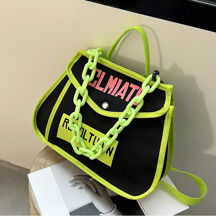 Canvas Women's Shoulder Bag Chain Casual Totes Contrast Color Ladies Crossbody Bag Trend Letter Print Fashion Designer Handbags