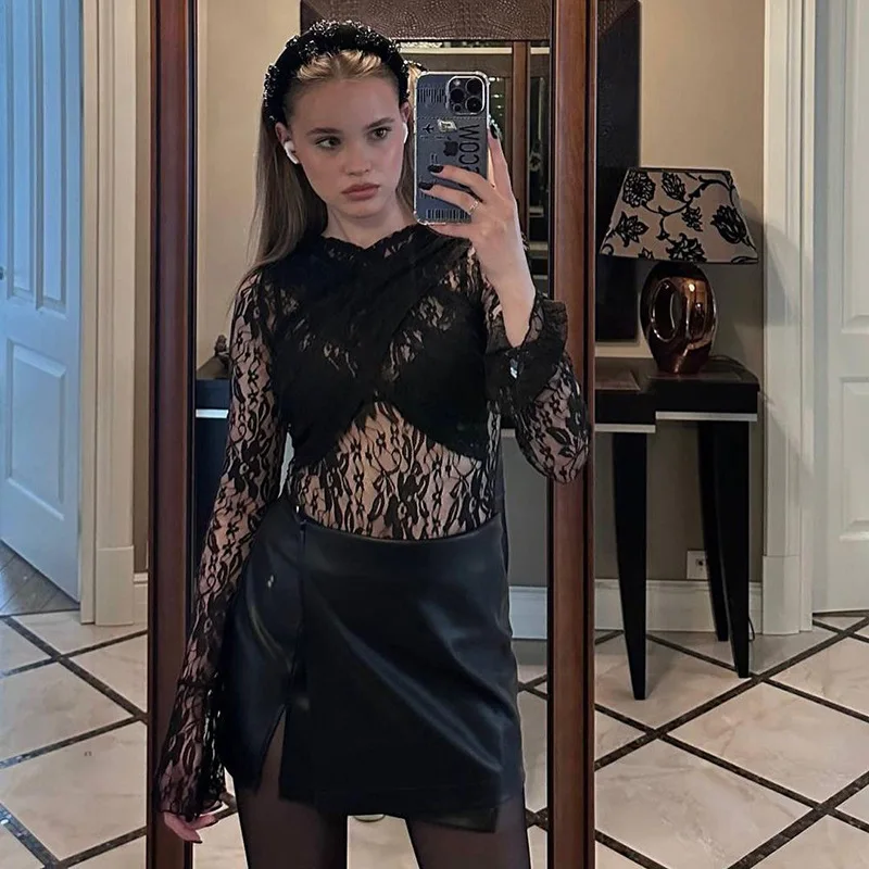 SKMY Autumn New 2023 Sexy Micro Transparent Embossed Lace Hollow Slim Fit Top with Crossed Style Long Sleeve jumpsuit for Women
