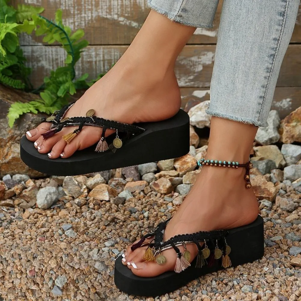 Luxury Big Size Decoration Flip Flops Women Summer Bohemian Tassels Sandals Women Wedge Heels Beach Slippers Plus Size 42