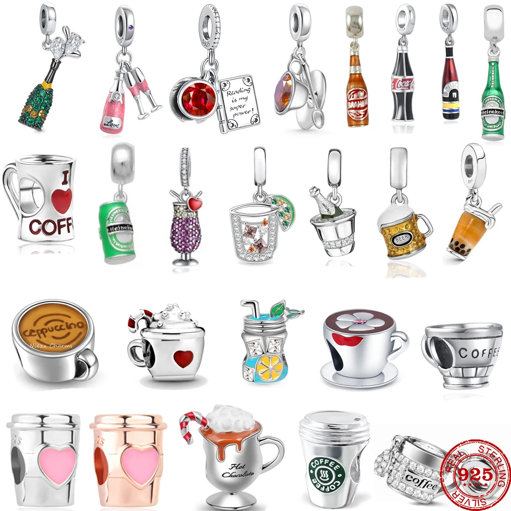 925 Sterling Silver Coffee Red Wine Coffee Glass Maker Champagne Charms Bead Fit Bracciale Pandora Originale Gioielli Fai Da Te Per Le Donne