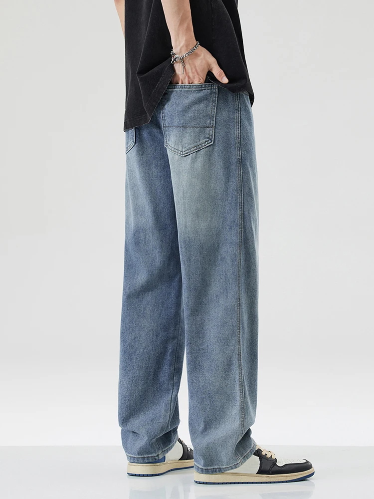 New Men's Cotton Fashion Wide Legs Jeans Y2K Spring Autumn High Street Trendy Casual Baggy Straight Fit Denim Trousers Blue 6