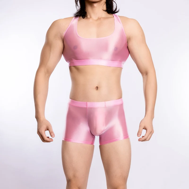 Sexy men's underwear gloss Transparent Boxer pants Bag U bulge gay smooth Shiny japanese swimsuit Tight shorts vest suit