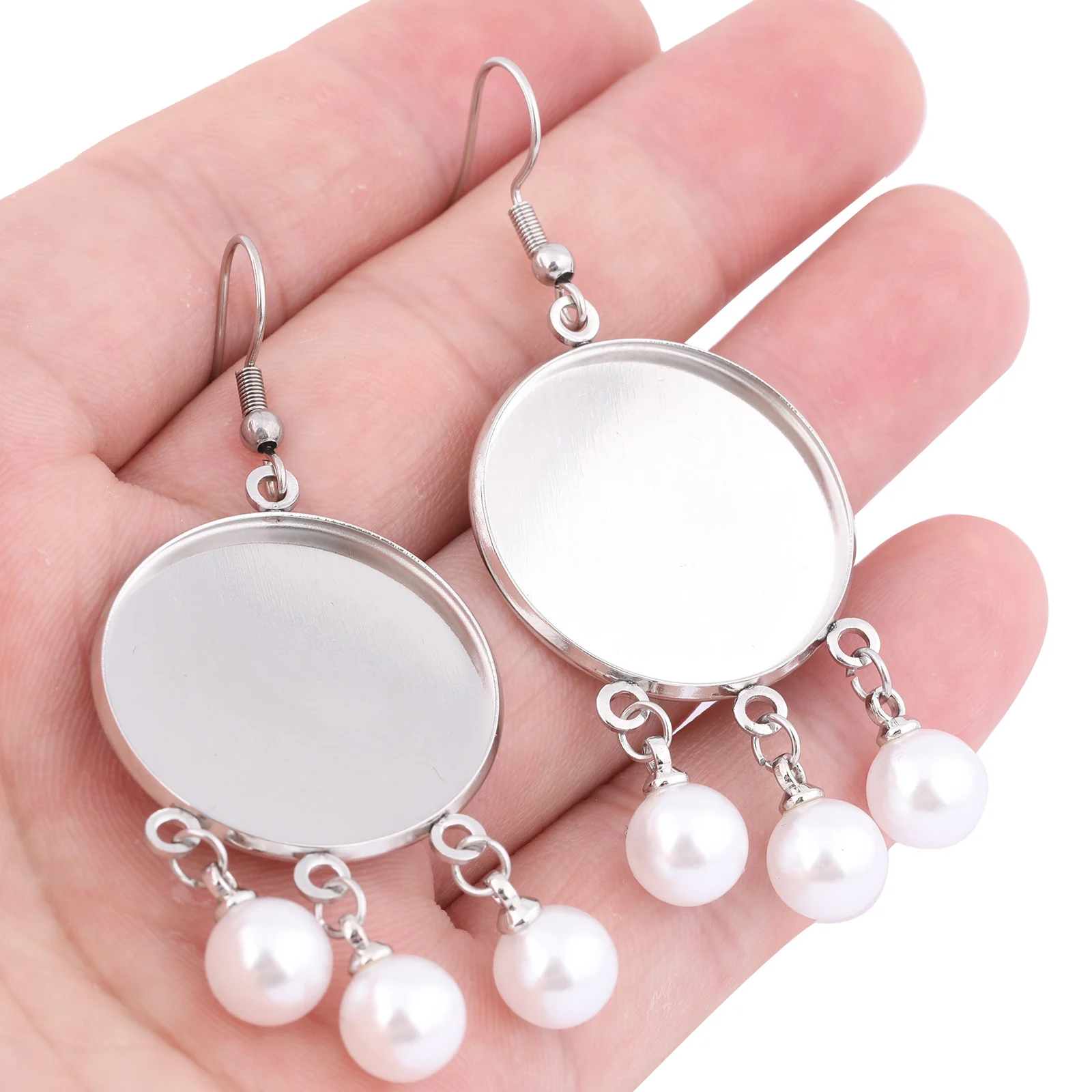 Jewelry Findings 6pcs Stainless Steel Pearl Charm Earring Base Blanks 25mm Cabochon Earring Setting Trays Diy Ear Hooks