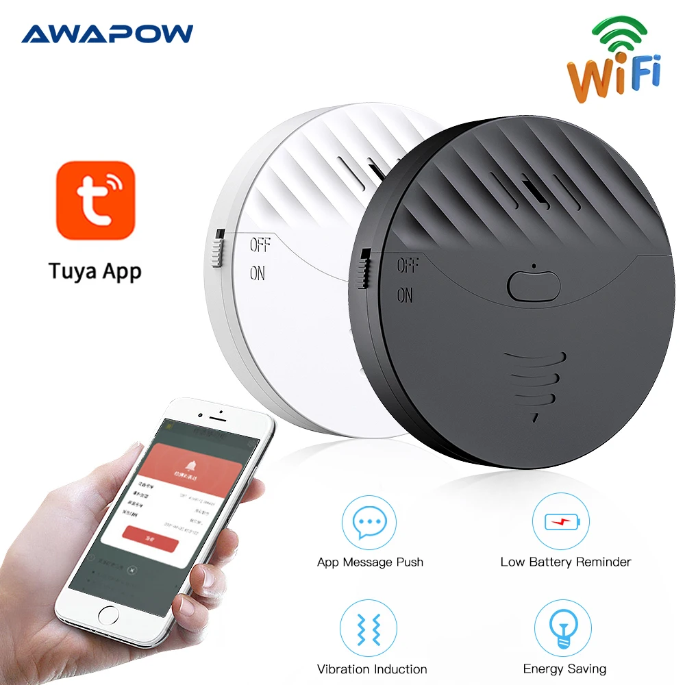 Awapow Tuya Wifi Sensore Di Vibrazione Allarme Porta Finestra Rilevatore Di Vibrazioni Wireless 130Db Suono Per Sistema Antifurto Di Sicurezza Domesti