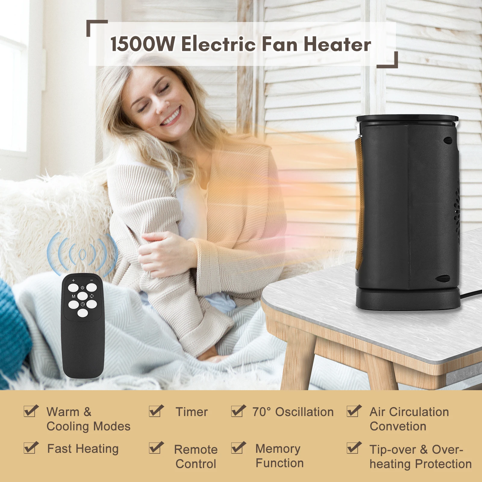

Space Heater Electric Fan Heater with Thermostat Time Temperature Preset Wide Wind Oscillating Range Tip-over & Overheating