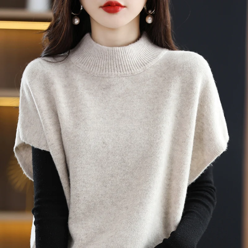 

Cashmere Vest Half Turtleneck Knit Loose Casual Sleeveless Sweater 2022 Hot Sale New Products Ladies 100% Wool Vest autumn