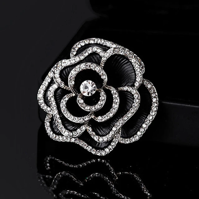 Female Fashion White Crystal Black Camellia Brooches For Women Luxury Silver  Color Enamel Alloy Flower Brooch Safety Pins - AliExpress