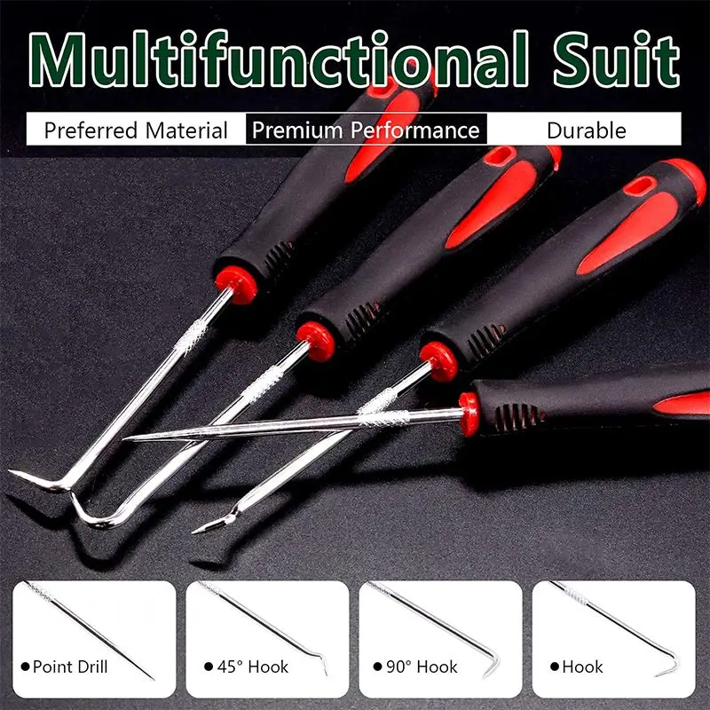 Pick and Hook Set, 4pcs, Car Auto Oil Seal/O-Ring Seal Gasket, Pick Hook Puller Remover, Tire Stone Cleaning