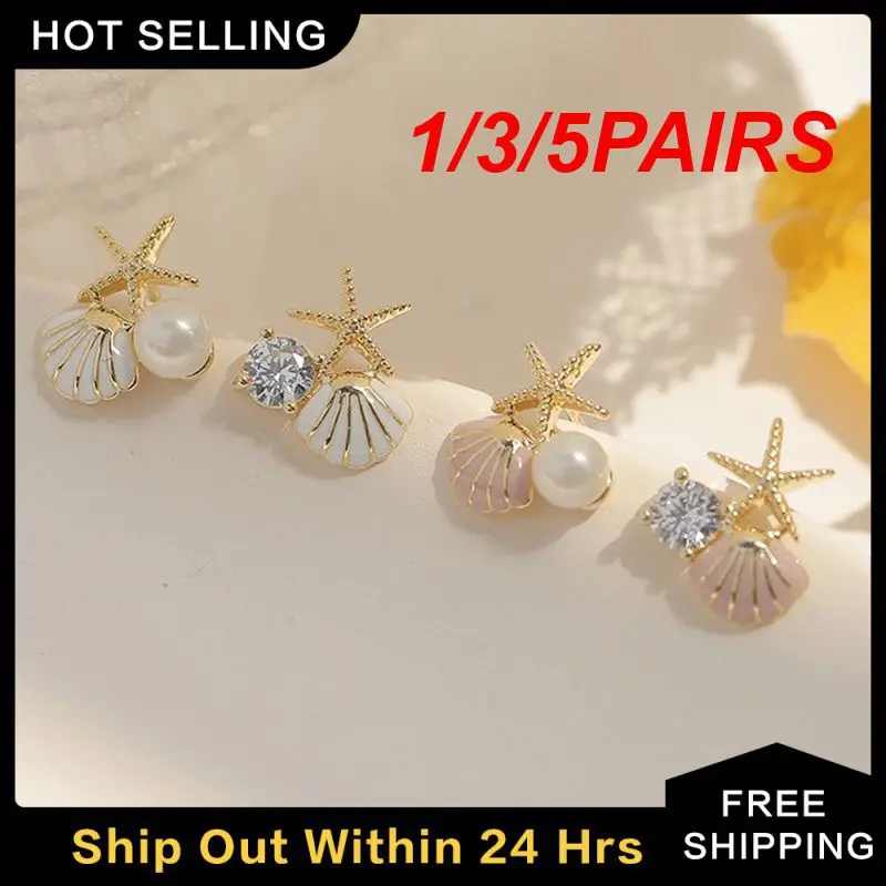 

1/3/5PAIRS Starfish Earrings Fashionable And Exquisite Women Twisted Pearl Earrings Asymmetric Stud Earrings Asymmetrical Design