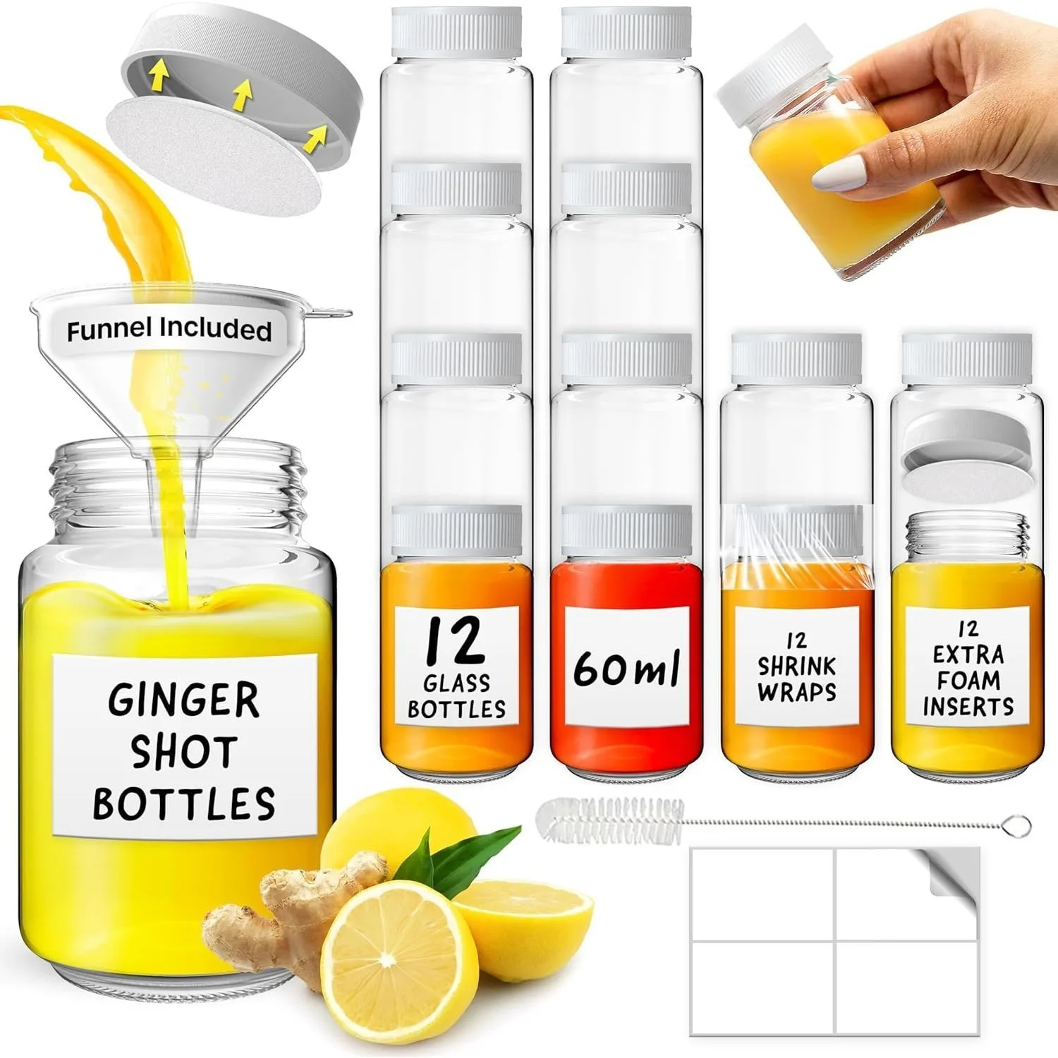 Shot Bottles with Lids - Reusable Glass Shot Bottles with Lids, Funnel, Labels, Shrink Wrap, Cleaning Brush and Extra Foam Inser