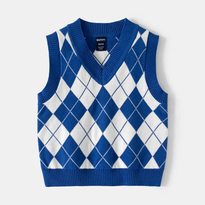 

2024 Autumn Children Boy Tank Sweater Cotton Argyle Contrast Sleeveless Baby Boy Undershirt Loose V-collar Toddler Boy Pullovers
