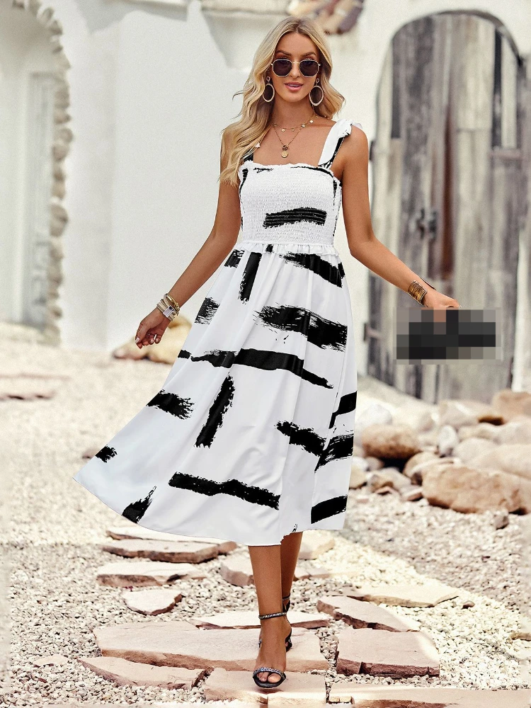 

New Fashion Women's Dress Printed Square Collar Sling Commuter Fold Vestido Casual Party Dress for Women 2023