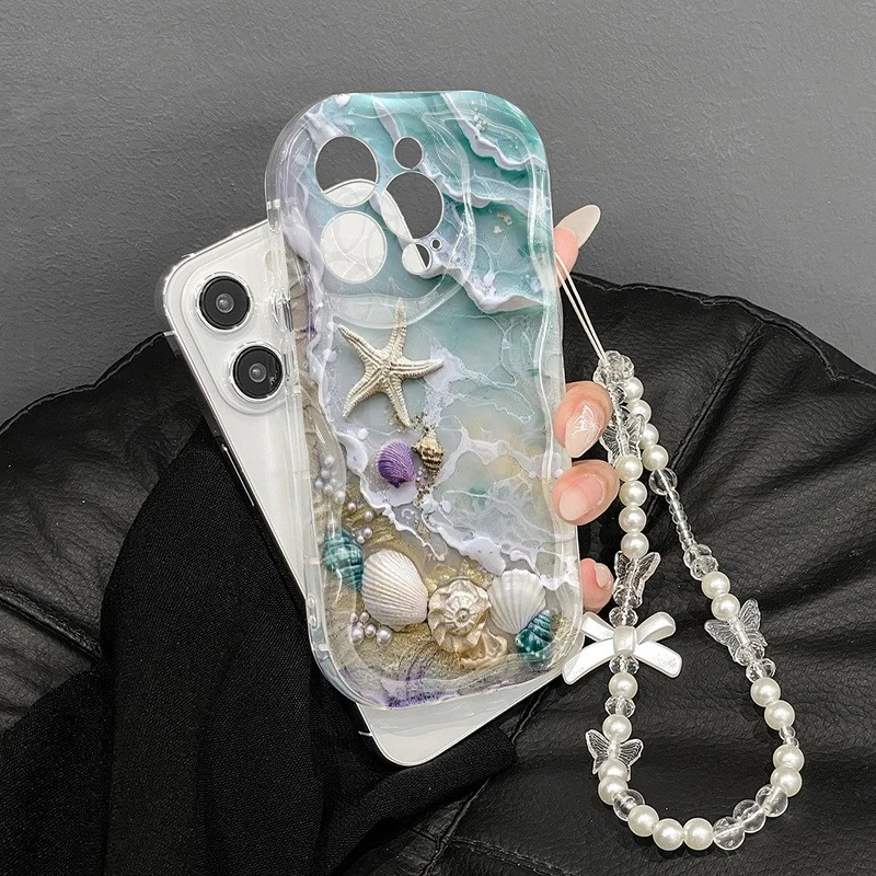 Beach Seashell Starfish Pattern Phone Case For iPhone 17 16 15 14 13 12 11 Pro Max 16E 17E With Lanyard Clear Wavy-edge Cover