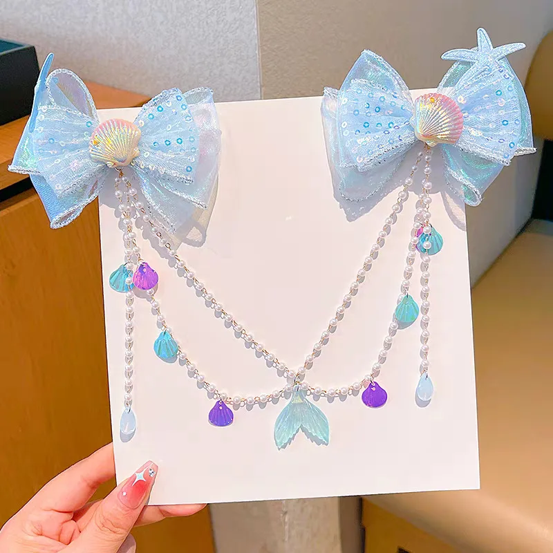 Baby Girls Cute Mermaid Princess Pearl Tassel Bow Forehead Chain Hair Clip