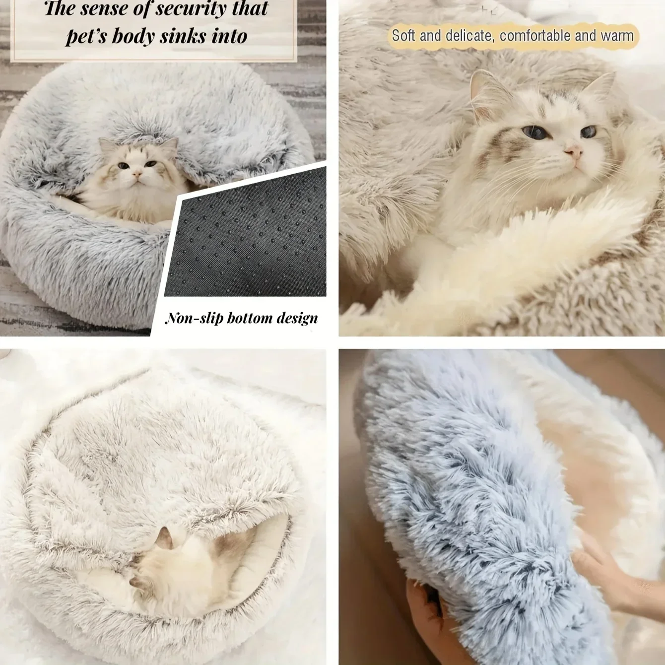 Round Plush Cat Bed Deep Sleep Bed for Cats Winter Warm Dog House Cushion Luxury Long Plush Kitten Puppy Sleeping Sofa Nest