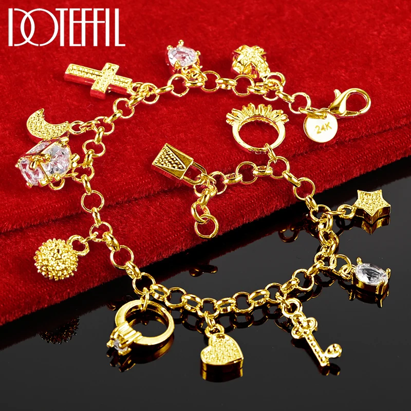 DOTEFFIL-925 Sterling Silver Moon Heart Lock Pulseira Cruz para Homens e Mulheres, Ouro 24K, Charme, Festa de Casamento, Jóias Da Moda