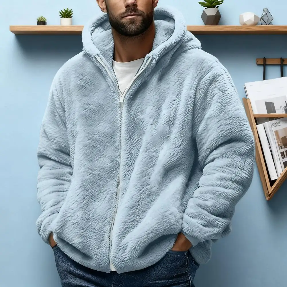 Men Fleece Hooded Jacket Winter Warm Zip Up Sweatshirt Soft Breathable Coat Casual Outerwear Outdoor Sports Daily Use
