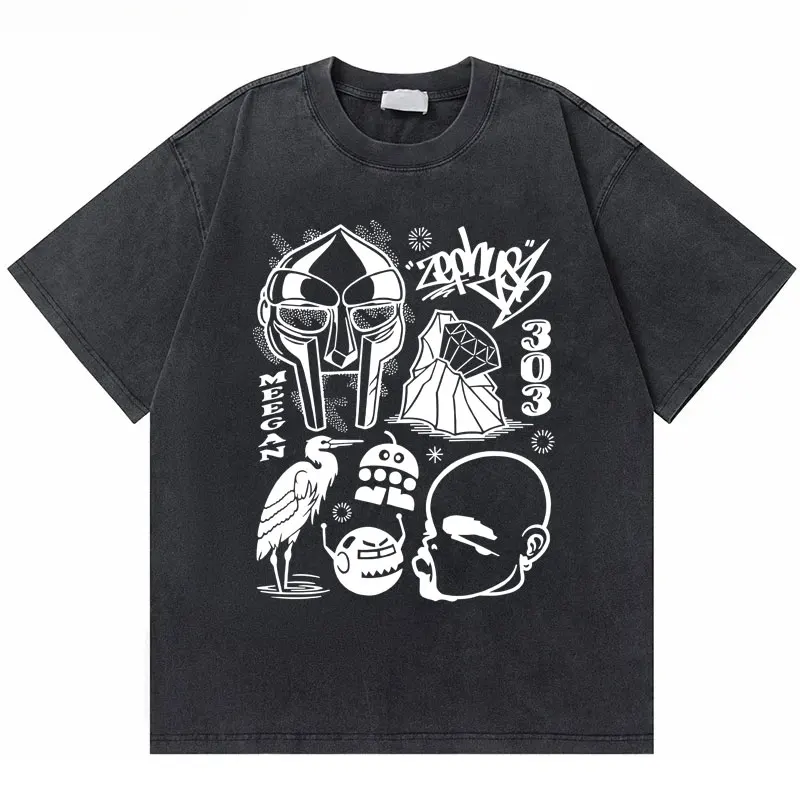 

Men Women Hip Hop Washed Vintage Tshirt Rapper Mf Doom Madvillain Metal Face Print T-shirt Male Oversized Short Sleeve T Shirts