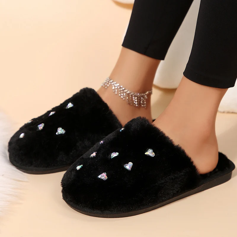 Luxury Crystals Furry Slippers Women Autumn Winter Indoor Home Warm Plush Slides Woman 2025 Non Slip Sole Cotton Shoes Female