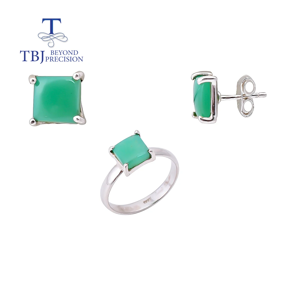 

Handmade 925 Sterling silver Jewelry set natural chrysoprase gemstone square 7mm earring ring fine jewelry for girls nice gift