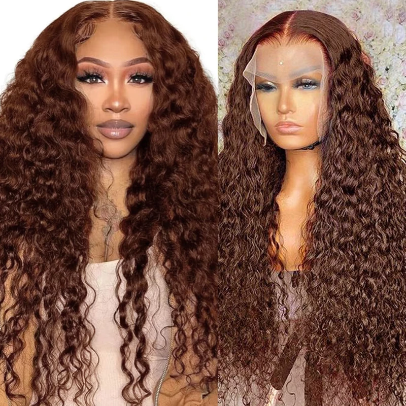 Chocolate Brown #4 Water Wave Wigs 13x6 Lace Front Wigs Pre plucked Ready To Go 13x4 Lace Frontal Wig Deep Curly 100% Human Hair