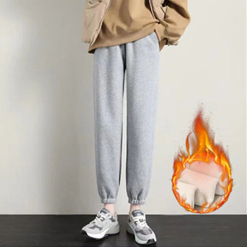 Autumn Winter Lamb Harem Pants Women Solid Colors High Waist Plus Velvet Sweatpants Korean Big Size Baggy Ankle-Length Pants