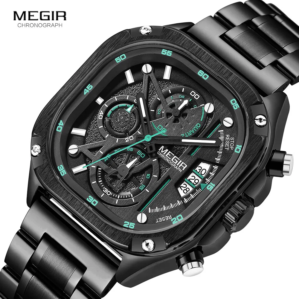 MEGIR Black Quartz Watch Men Waterproof Square Dial Wristwatch with Chronograph Stainless Steel Strap Luminous Hands Auto Date - 2