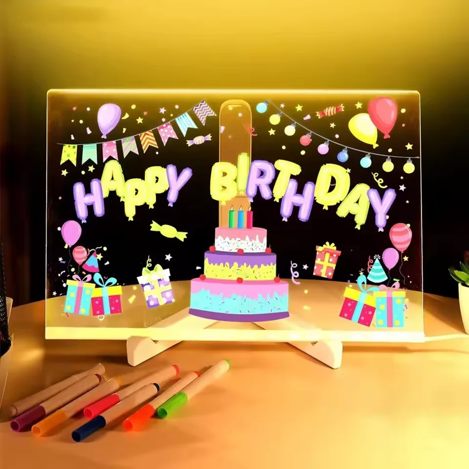 Light Up Acrylic Message Board DIY Children Writing Drawing Board Rewritable Glowing Dry Erase 7 Color Pen Kids Gift