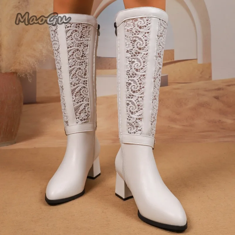 Plus Size 36-42 Women's Pointed Toe Knee High Boots New White Mesh  Breathable High Heel British Style Dress Boots Fashion Ladies - AliExpress  322